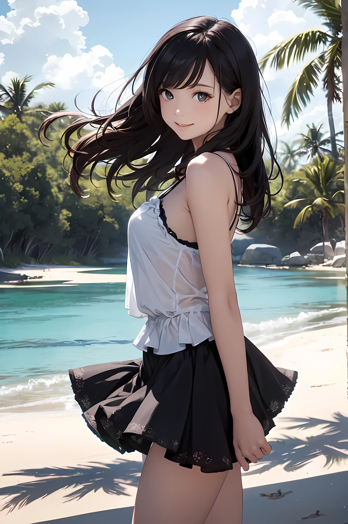 Very cute and beautiful,(Very detailed美しい顔),camisole,Cute frilled petticoat,
(smile),Happy,View your audience,Black Hair,Cowboy Shot,Leg Details,Beach,Tropical Resort,
(Highest quality,masterpiece),Absurd,High resolution,Very detailed,Very detailed,32K,8k resolution,
Intricate details,Movie Scenes,Detailed Background,alone,Dynamic Angle,
Natural light,Hair blowing in the wind,Beautifully detailed skies,Realistic,