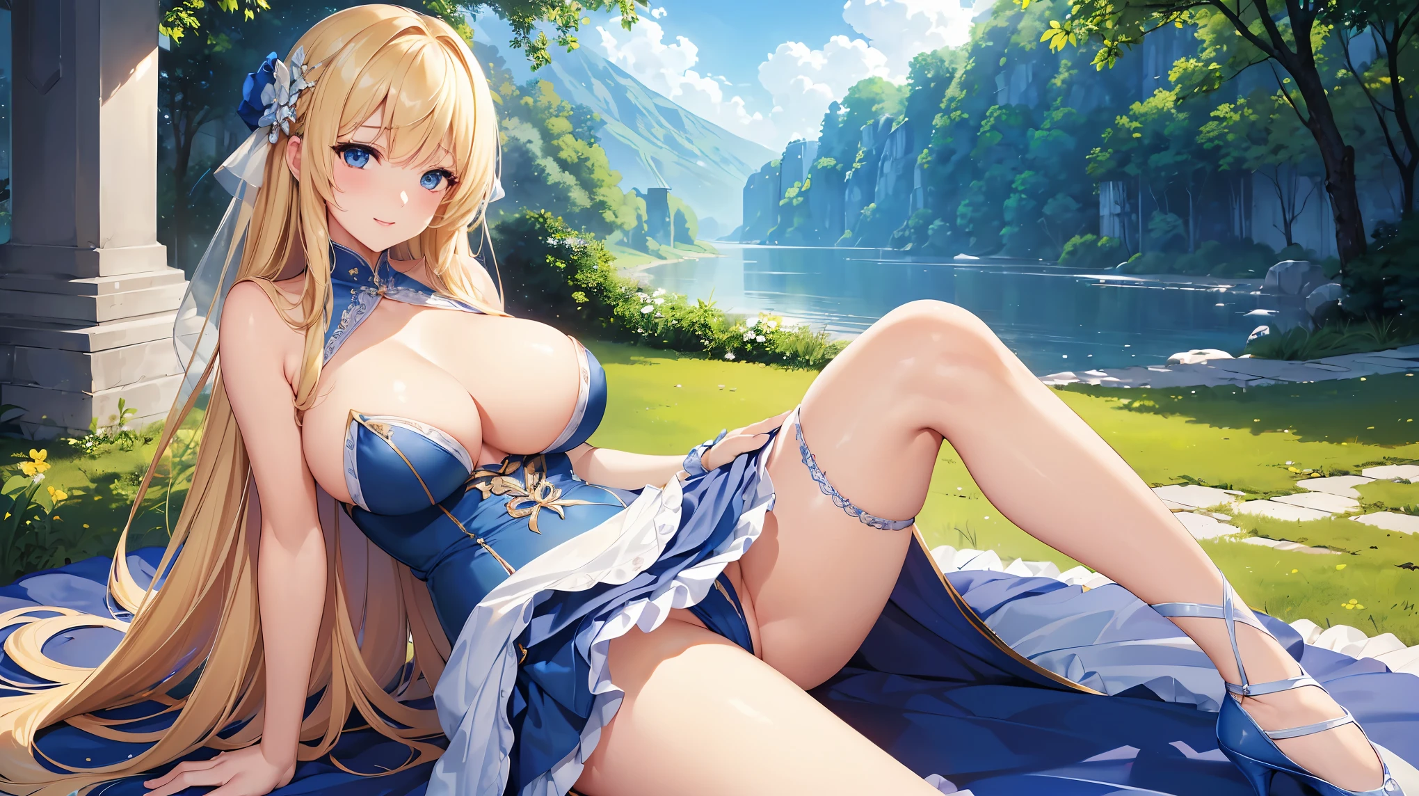 ((Highest quality、High resolution))、Portraiture、Beautiful woman、Perfect body、Beautiful and bountiful breasts、(tits)、long blond、bangs、Blue and white、Embellished blue sexy dress、skirt、Sexually excited expression、(((Seductive beauty、Beautiful woman opening her legs and inviting sex)))、Outdoor Scenery