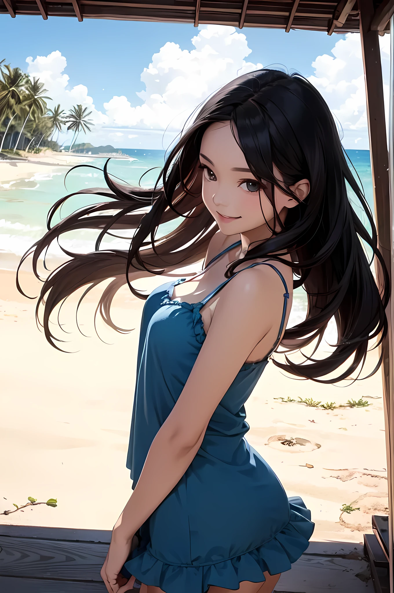 Very cute and beautiful,(Very detailed美しい顔),camisole,Cute frilled petticoat,
(smile),Happy,View your audience,Black Hair,Cowboy Shot,Leg Details,Beach,Tropical Resort,
(Highest quality,masterpiece),Absurd,High resolution,Very detailed,Very detailed,32K,8k resolution,
Intricate details,Movie Scenes,Detailed Background,alone,Dynamic Angle,
Natural light,Hair blowing in the wind,Beautifully detailed skies,Realistic,