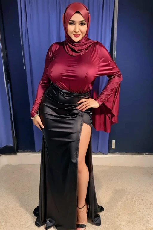 Hijab milf, satin See through, big breasts, seductive face, Long slit skirt, high heels.
