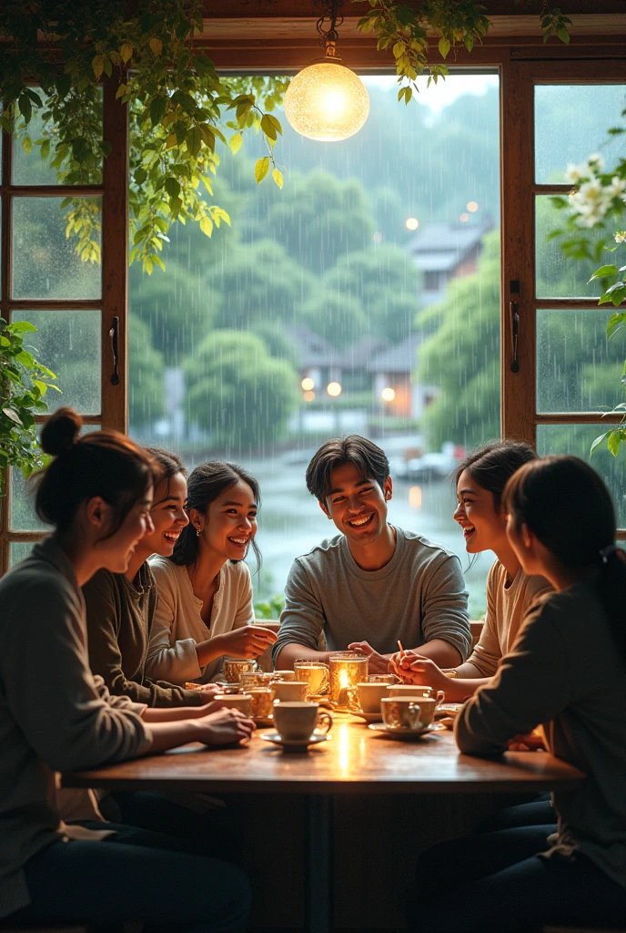 In a rainy day four male friends and 4 female friends sitting in a tea shop and drinking tea and conversation each other in village area beside of road views