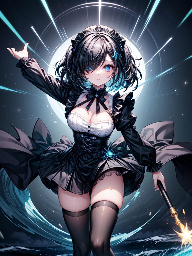 A powerful yet adorably endearing young girl with long, jet-black hair covering one eye stands with her right hand extended forward, unleashing a glowing energy wave. Her bright blue eye sparkles with determination. She wears a Gothic-inspired black maid outfit with an armored twist, featuring a black mini skirt and tights. The scene is viewed from a slightly elevated angle, highlighting her dynamic pose and the radiant energy. Her expression combines fierce concentration with playful mischief, set against a dramatic night sky with swirling energy