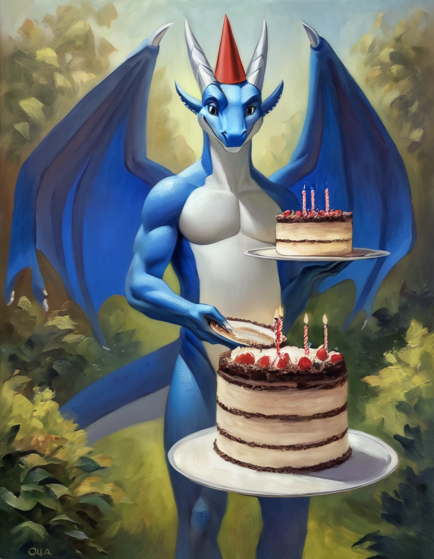 male anthropo dragon, blue body, wings, belly white, Stands tall, birthday hat, holding a plate with a cake in his hands, looks at the cake, smiling. high quality. masterpiece, conceptual art, against a background of greenery, from the ouna, Outside.