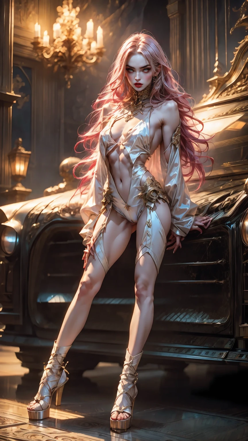 (megan fox), (1 girl), young girl, masculine physique, seductive face, seductive look, long pink hair, perfect muscular body, long thin legs, latex panties, cameltoe, small breasts, (huge muscular shoulders:1.45), (full body shot), MeganF_SoloTI_v1
