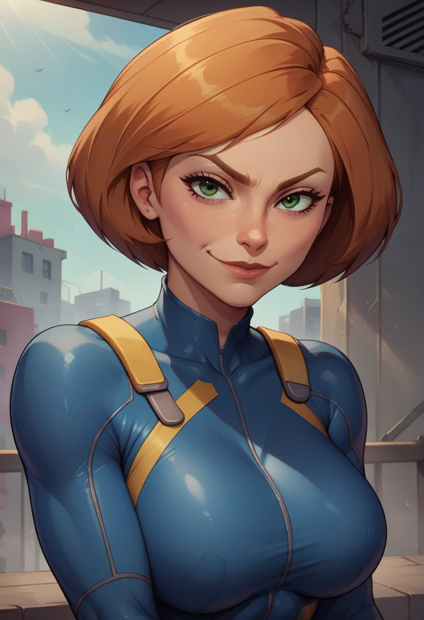 score_9, score_8_up, score_7_up, score_6_up, BREAK Ann possible, wearing vault suit, big breasts, fully clothed evil smirk, in a bunker, looking at viewer, short hair