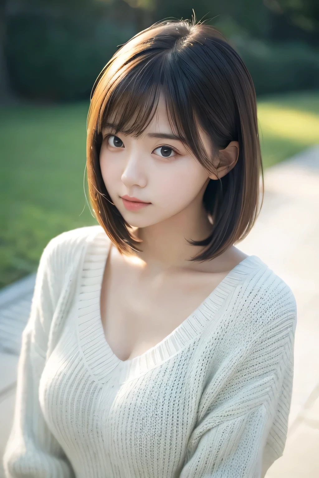 masutepiece, Best Quality, 8K, 20 yo, large full breasts, cute little, Solo, sad, Cute, Girly, Delicate girl, Neat and clean beauty, Raw photo, Professional Photography, Portrait, Soft light, Professional Lighting, Back lighting, Upper body, Looking away, Sophisticated, Film grain, (Eyes and faces with detailed:1.0), Short-length floating hair, Beautiful flowing hair, Bangs, Sweaters,