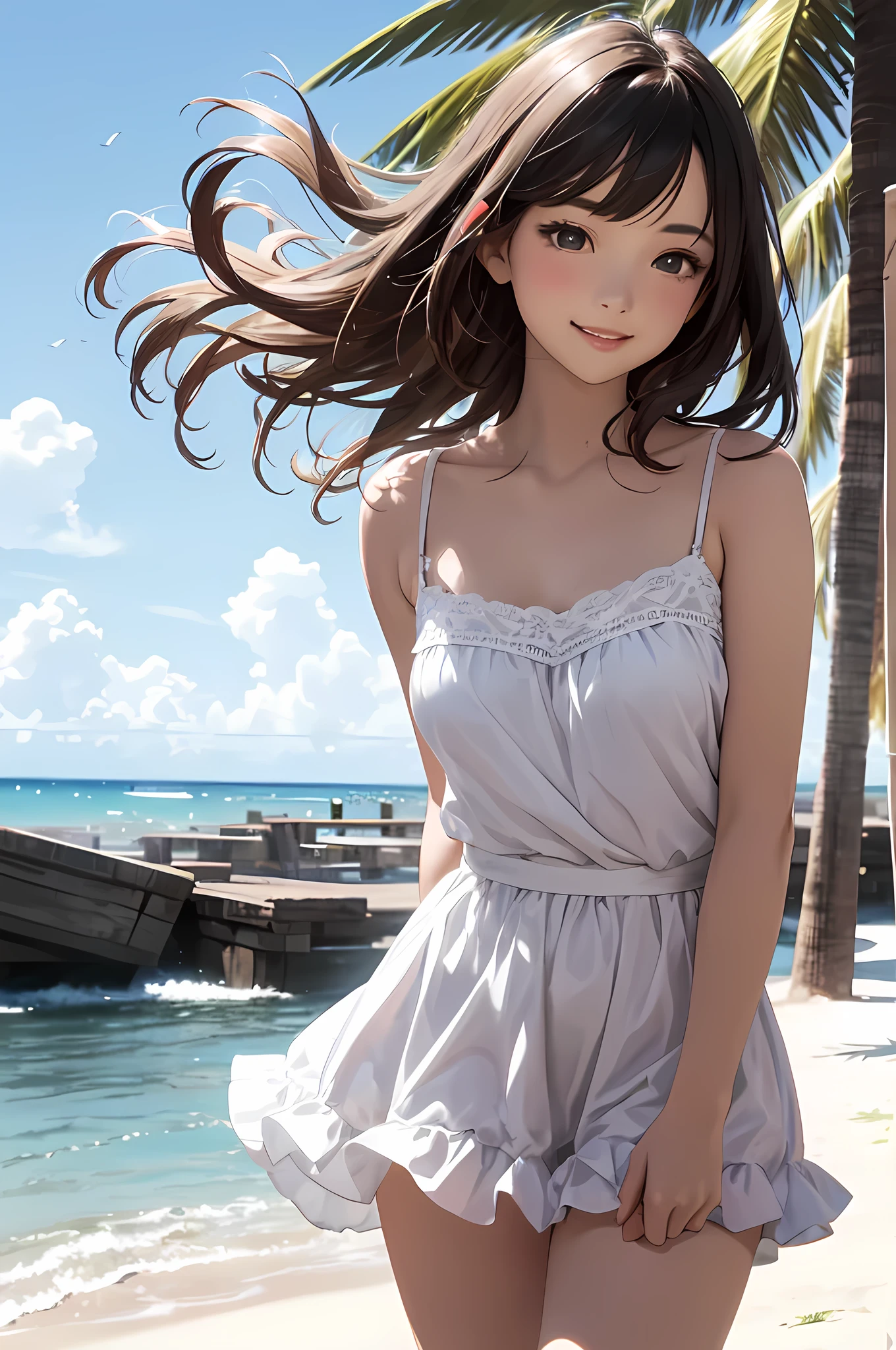 Very cute and beautiful,(Very detailed美しい顔),camisole,Cute frilled petticoat,
(smile),Happy,View your audience,Black Hair,Cowboy Shot,Leg Details,Beach,Tropical Resort,
(Highest quality,masterpiece),Absurd,High resolution,Very detailed,Very detailed,32K,8k resolution,
Intricate details,Movie Scenes,Detailed Background,alone,Dynamic Angle,
Natural light,Hair blowing in the wind,Beautifully detailed skies,Realistic,