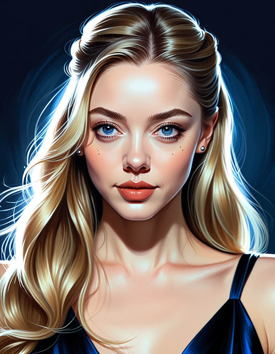 Amanda Seyfried woman with long blond bun hair, in style of charlie bowater, dark blue and dark black,realistic color palette, Soft focused realism,blond bun hair, pelo largo, blunt bangs