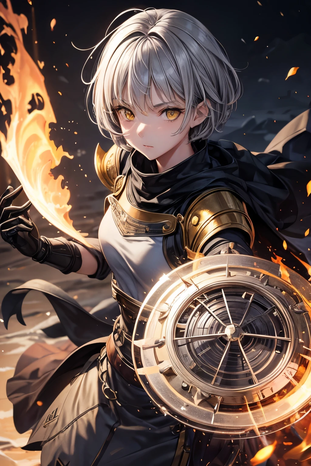 high detail, clear, 8 kk, Girl, 18 years old, light gray hair, Short hairstyle, Yellow eyes, Stand on the fire, realism, fantasy,