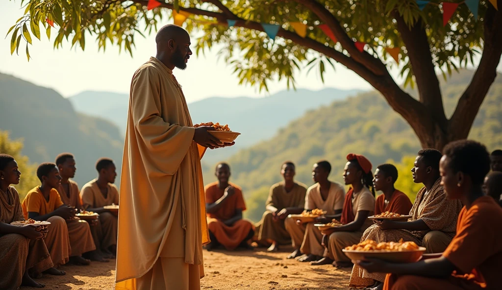 Year: 2020
Country: Nigeria
Description: In a beautifully landscaped garden in Kano, an upper-middle-class family gathers for a leisurely picnic on a sunny afternoon. The family members, dressed in elegant traditional attire, lounge on colorful blankets surrounded by lush greenery and flowering plants.