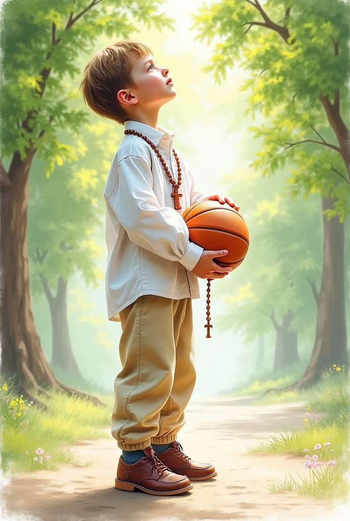 Pencil drawing of a boy taking communion standing up, rosary around the neck, long beige pants, white long sleeve shirt, Brown shoes, with basketball . Looking at the sky. Natural background