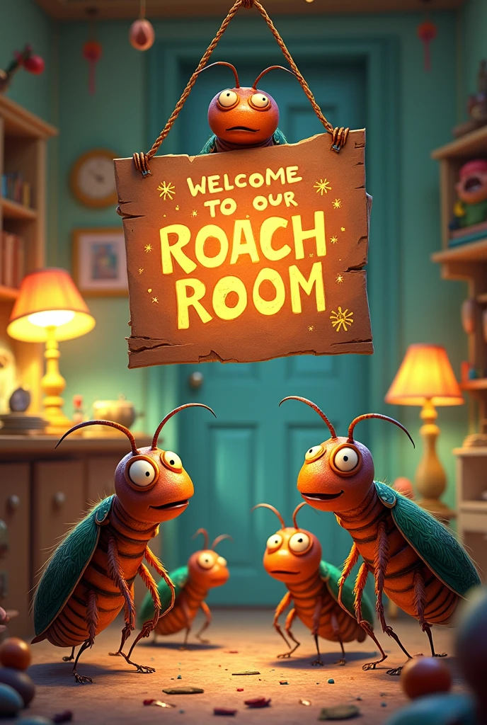 A sign from the room of the animated cockroaches 