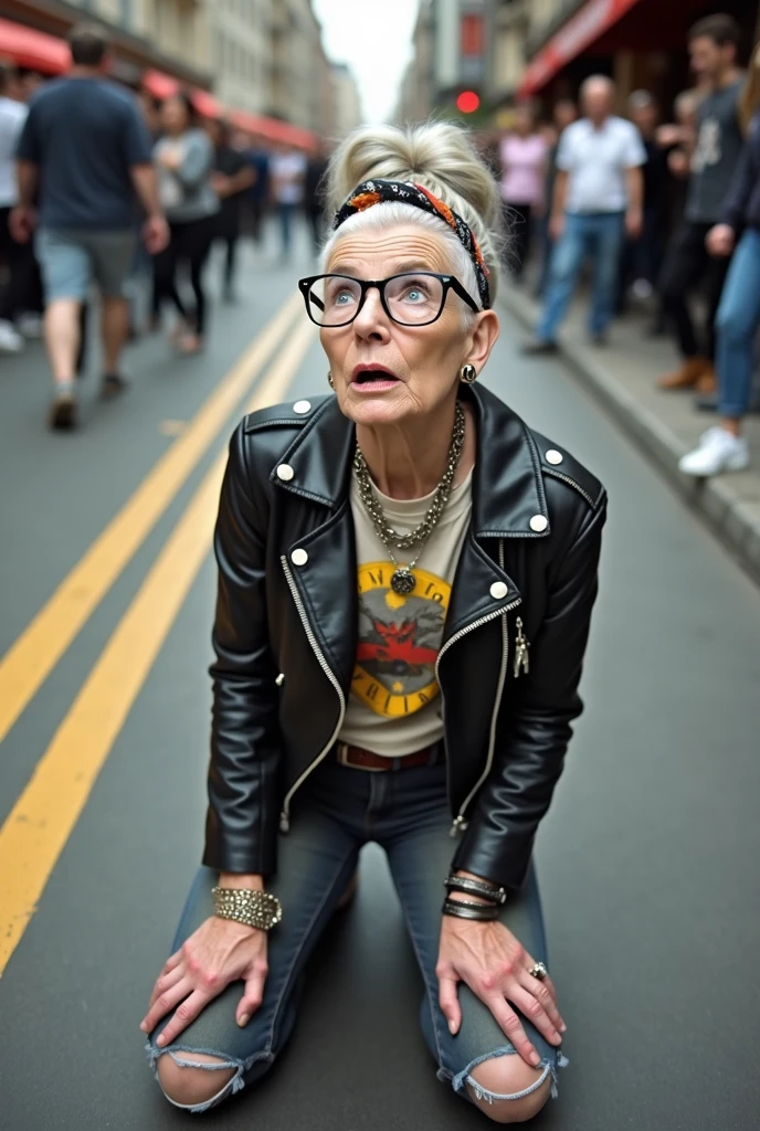 russian old milf woman, grey hair (huge top bun) and bandana as headband (big maxi glasses), with very light blue eyes, extremely pale. Wearing cropped black moto jacket with lots of zippers and pins, raggy cropped t-shirt with guns and roses logo, dark skinny blue jeans with holes and white tennis sneakers . Lots of metallic bracelets and collars. Tacky wide leather belt with oversized buckle. Long earrings. Kneeling like in a payer, looking up, eyes and mouth wide open in amazement. Hands on her knees. Listening in amazement to somebody speaking to her, toned six pack abdominals, thin legs and thin arms. A lot of people behind