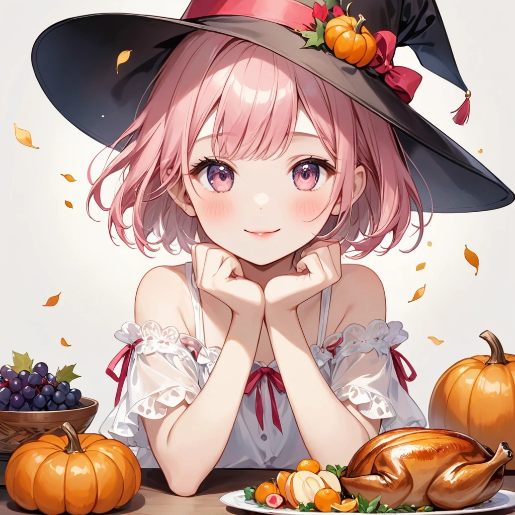 masterpiece, Highest quality, High resolution, sa1,  One human being、少female、、、female、Cute daughter、8-year-old、(whole body:1.5)、魔female、(魔femaleの格好:1.5), (Pink Hair:1.5), (Short Hair:1.5), Draw your hands accurately、The hands are drawn beautifully.、魔femaleの洋服、Fluttering clothes、Robe、hat、Halloween、Zoom out、(hatが見切れないように描いて:2.0)、Abstract art， (((史上最も美しい少female))), Cute Face. Lips in Love, Stylish design、smile、Thanksgiving、Grape、