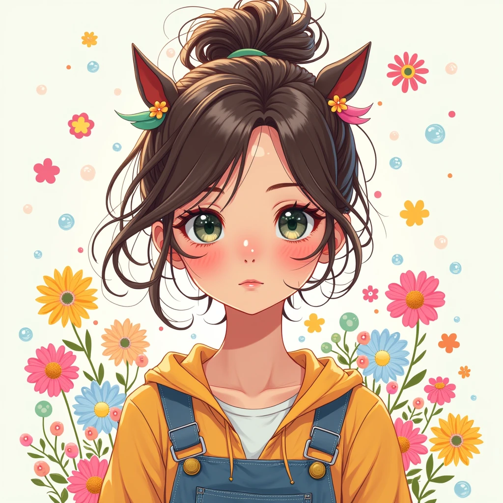 (masterpiece), (Best Quality), (ultra detailed),(messy hair),(illustration), (1 girl), (fashion clothes), standing, model, looking at the viewer, (interview), (simple background),beautiful detailed eyes, beautiful and delicate face, floating,(high saturation),(colorful splashes),colorful bubble,(bright), Focus on face,  Horse tail, Ayaka Kamisato, light blue fur, hits, hair ring, floating flowers, floating hairs, (bright), better lighting, best shadow,