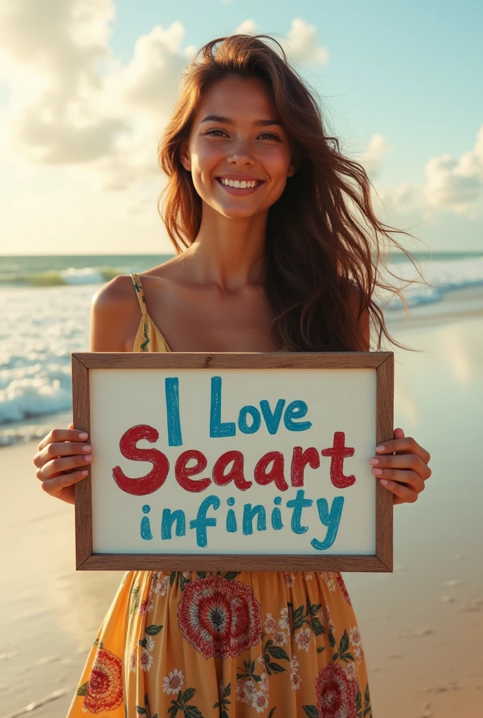 Beautiful girl with wavy long hair, bohemian dress, holding a white board with text "I Love Seaart Infinity" and showing it to the viewer