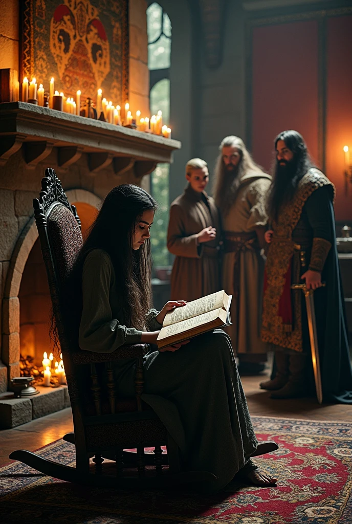 Woman with long black hair is in a medieval room sitting in a rocking chair reading a large old book. In the room there are the following characters: Ragnar Lothbrook, Rei Arthur, A medieval witch, merlin, Cerberus
