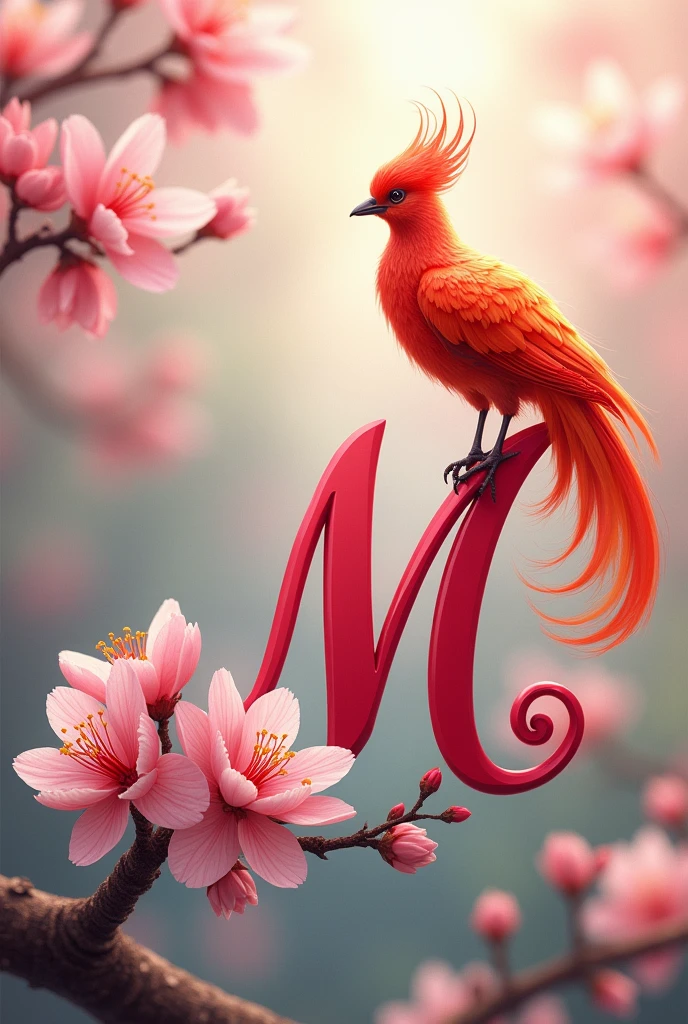 Elegant fuchsia cursive uppercase letter M with cherry blossoms and phoenix bird on it