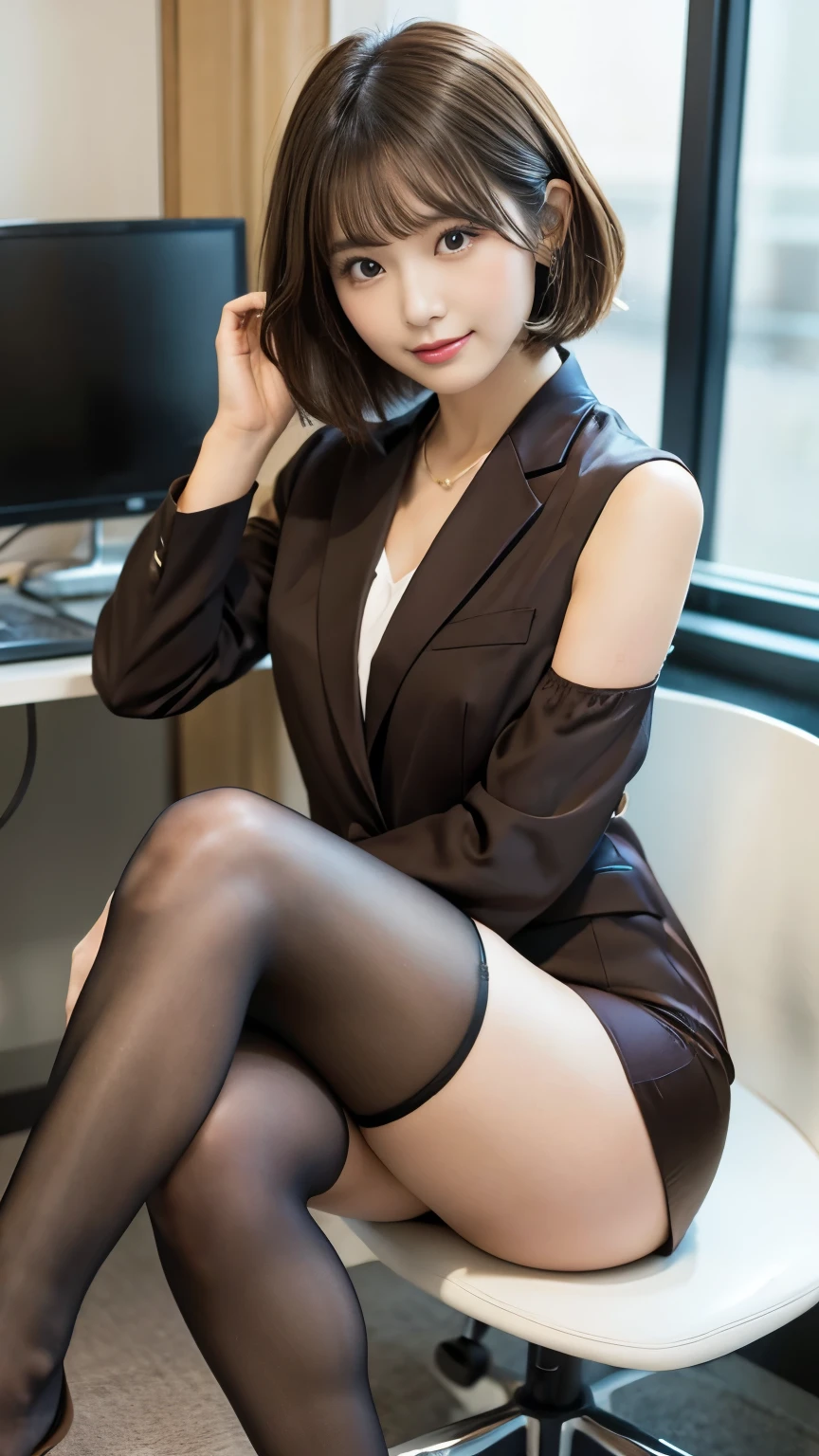 Office, beauty sitting a japanese woman in chair, short hair, beautiful legs, high heels, brown pantyhose, mini skirt suit