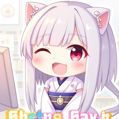 One Woman,Gray Hair,Cat ear,((Chibi Character)) Heterochromia iridis,Red eyes,,White kimono,Playing games,Enter your text in the bottom right corner of the fantasy image,A very popular font,