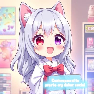 One Woman,Gray Hair,Cat ear,((Chibi Character)) Heterochromia iridis,Red eyes,,White kimono,Playing games,Enter your text in the bottom right corner of the fantasy image,A very popular font,