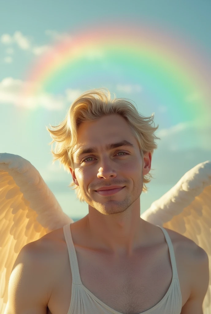 30 generation white male、Mysterious and sexy face、looking at the camera、Image、Beautiful angel wings、Upper body skin?、No beard、Slightly longer blonde hair、Rainbow on background、Smiling，White skin、A soothing face、French
