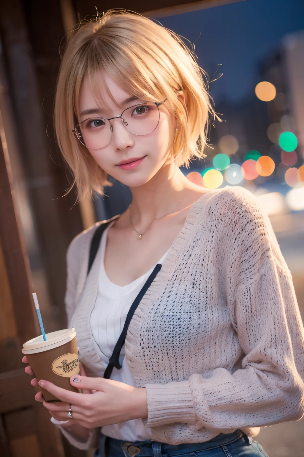 Japanese girl in casual clothes、Observe the audience、Tokyo cityscape at night、(highest quality、masterpiece)))、HD Fine、Very detailed、masterpiece、Cinema Lighting、(8k、highest quality、masterpiece:1.2)、(Realistic、Realistic:1.37) High resolution、Very detailed、Woman wearing glasses、A look of silence、Round Glasses、Asian, cute, cute顔, alone,Blonde Short Hair 1.2, Textured skin, Beautiful smile, Beautifully detailed night sky, Night view, Cinema Lighting, Written boundary depth, Lens flare light、date、(Blushing your nose)、、(Mouth closed)Small breasts、A beautiful eye for detail、(sweater:1.1)、(Blonde Short Hair:1.2)、Floating Hair Nova Frog Style、