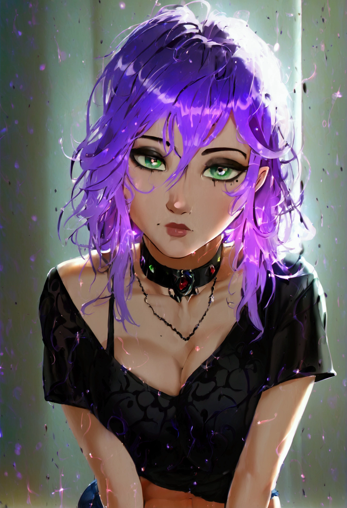 ((Best quality)) ((best detail)) ((high quality background))1 girl, purple hair, black eyeliner, Emerald eyes, black choker, black T-shirt, black denim shorts, black stockings, shows ass