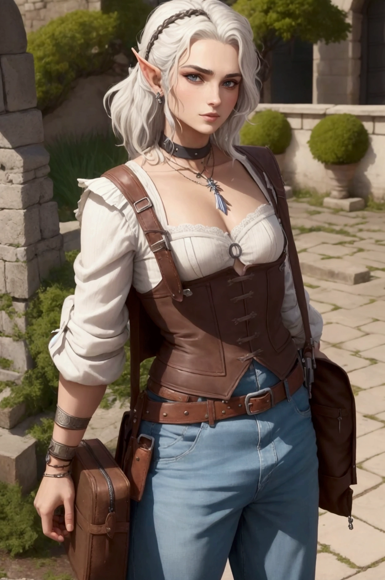 A gipsy half-elf character male with a strong build, wearing a sleeveless top and loose pants, adorned with various accessories such as a necklace, bracelets, and belts. The character has distinct pointed ears, showcasing their elven heritage. They have an adventurous look about them, suggesting a background as a traveler or someone who is accustomed to life on the move. Il a une barbe de 3 jour des cheveux gominé

Nom du personnage: paco, le Demi-Elfe Nomade
Description physique:
Apparence générale: paco est un demi-elfe avec une carrure musclée, mesurant environ 1m85. Sa peau est légèrement bronzée, témoignant de nombreuses heures passées à l’extérieur.
Visage: Il a des traits fins et anguleux, typiques des elfes, avec des yeux verts perçants et des oreilles légèrement pointues. Une cicatrice traverse son sourcil droit, ajoutant une touche de mystère à son regard.
Cheveux: Ses cheveux sont longs et noirs, souvent attachés en une queue de cheval pratique.
Barbe: paco arbore une barbe
Vêtements et accessoires:
Haut: Il porte un gilet sans manches de couleur terre sur une chemise blanche ample aux manches retroussées.
Bas: Ses pantalons amples sont rentrés dans des bottes montantes en cuir.
Accessoires: paco porte des brassards en cuir sur les deux poignets et une bandoulière traversant son torse, avec des pochettes attachées à sa ceinture. Un collier complexe orne son cou, et il a une boucle d’oreille en argent à l’oreille gauche.
Équipement:
Armes: Il est équipé d’une épée courte accrochée à sa ceinture et d’un poignard caché dans sa botte droite.
Objets divers: paco transporte également une  sacoche contenant des herbes médicinales, des outils de survie et quelques objets personnels.
Personnalité:
Caractère: paco est un aventurier rusé et débrouillard, toujours prêt à aider ceux dans le besoin. Il est connu pour son sens de l’humour et sa capacité à se sortir d