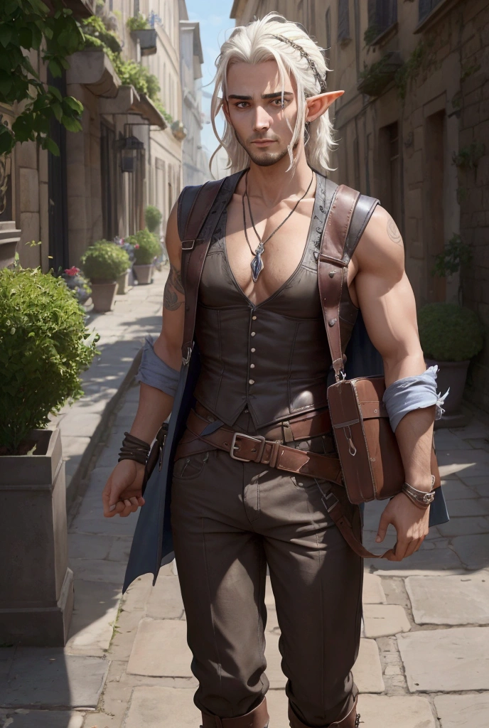 A gipsy half-elf character male with a strong build, wearing a sleeveless top and loose pants, adorned with various accessories such as a necklace, bracelets, and belts. The character has distinct pointed ears, showcasing their elven heritage. They have an adventurous look about them, suggesting a background as a traveler or someone who is accustomed to life on the move. Il a une barbe de 3 jour des cheveux gominé

Nom du personnage: paco, le Demi-Elfe Nomade
Description physique:
Apparence générale: paco est un demi-elfe avec une carrure musclée, mesurant environ 1m85. Sa peau est légèrement bronzée, témoignant de nombreuses heures passées à l’extérieur.
Visage: Il a des traits fins et anguleux, typiques des elfes, avec des yeux verts perçants et des oreilles légèrement pointues. Une cicatrice traverse son sourcil droit, ajoutant une touche de mystère à son regard.
Cheveux: Ses cheveux sont longs et noirs, souvent attachés en une queue de cheval pratique.
Barbe: paco arbore une barbe
Vêtements et accessoires:
Haut: Il porte un gilet sans manches de couleur terre sur une chemise blanche ample aux manches retroussées.
Bas: Ses pantalons amples sont rentrés dans des bottes montantes en cuir.
Accessoires: paco porte des brassards en cuir sur les deux poignets et une bandoulière traversant son torse, avec des pochettes attachées à sa ceinture. Un collier complexe orne son cou, et il a une boucle d’oreille en argent à l’oreille gauche.
Équipement:
Armes: Il est équipé d’une épée courte accrochée à sa ceinture et d’un poignard caché dans sa botte droite.
Objets divers: paco transporte également une  sacoche contenant des herbes médicinales, des outils de survie et quelques objets personnels.
Personnalité:
Caractère: paco est un aventurier rusé et débrouillard, toujours prêt à aider ceux dans le besoin. Il est connu pour son sens de l’humour et sa capacité à se sortir d