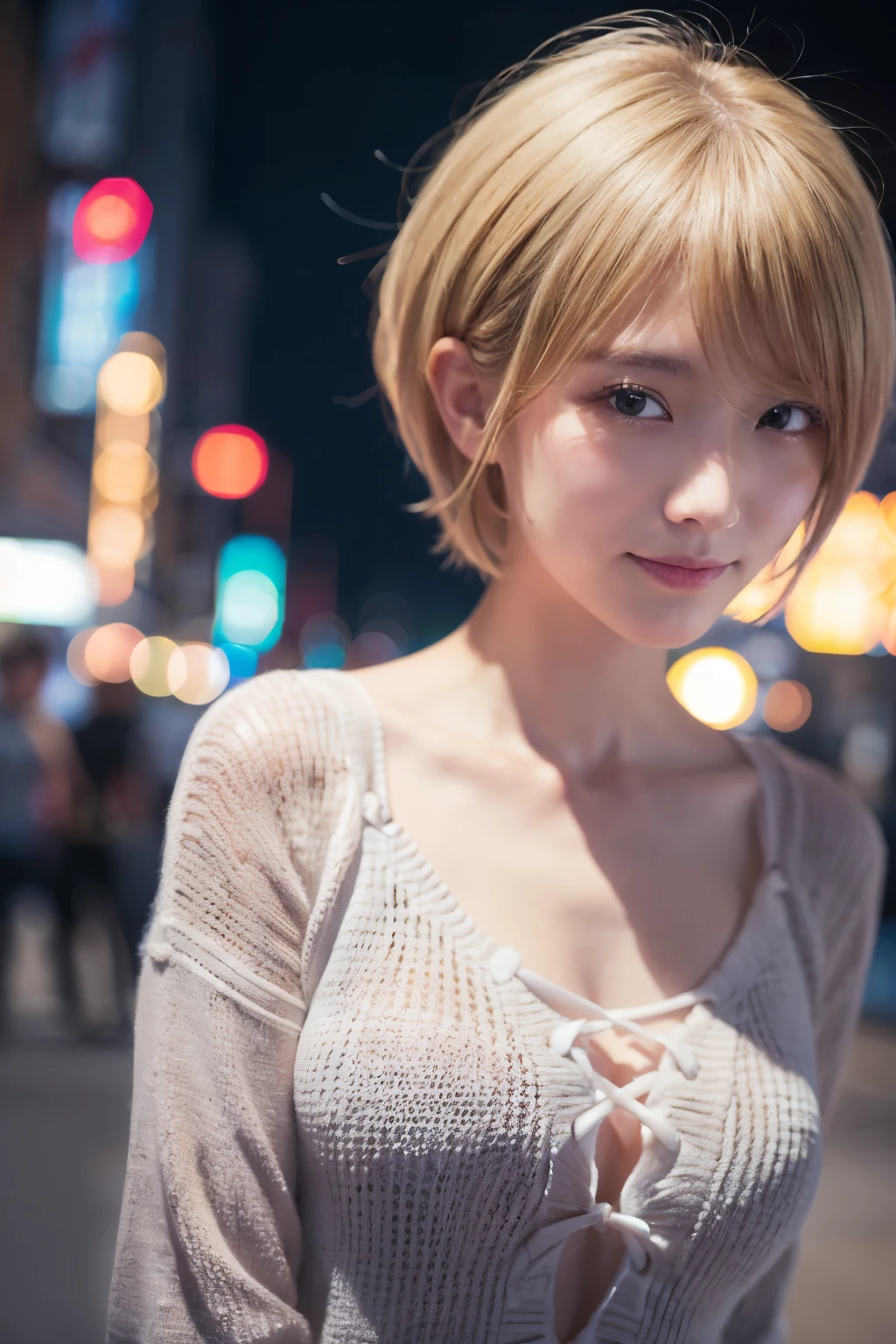 Japanese girl in casual clothes、Observe the audience、Tokyo cityscape at night、(highest quality、masterpiece)))、HD Fine、Very detailed、masterpiece、Cinema Lighting、(8k、highest quality、masterpiece:1.2)、(Realistic、Realistic:1.37) High resolution、Very detailed、Woman wearing glasses、A look of silence、Round Glasses、Asian, cute, cute顔, alone,Blonde Short Hair 1.2, Textured skin, Beautiful smile, Beautifully detailed night sky, Night view, Cinema Lighting, Written boundary depth, Lens flare light、date、(Blushing your nose)、、(Mouth closed)Small breasts、A beautiful eye for detail、(sweater:1.1)、(Blonde Short Hair:1.2)、Floating Hair Nova Frog Style、