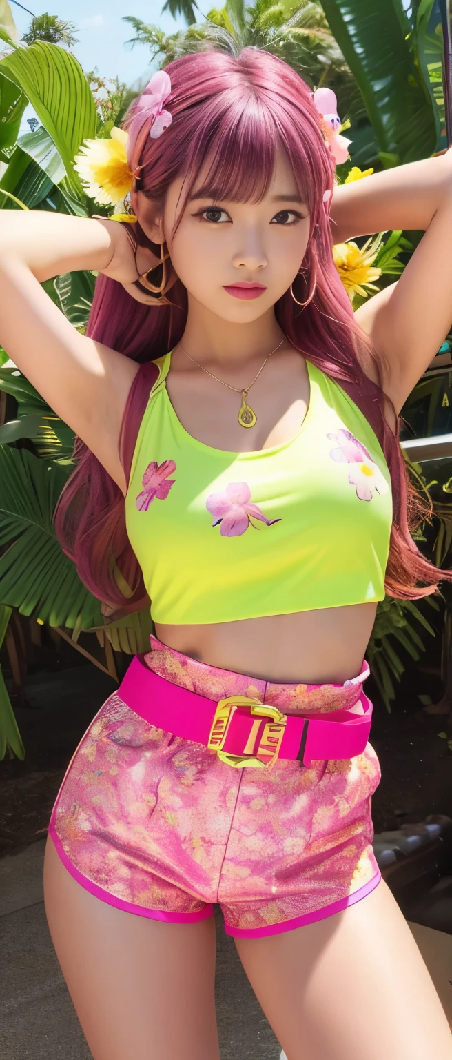 Gorgeous idol girl、whole body、Good style、、、、、、、、、、Thick legs、、Shiny pink tight shorts、Fluorescent yellow tank top(Floral)、、Cool girl face、、Southern Island、Spark belt、flower accessory