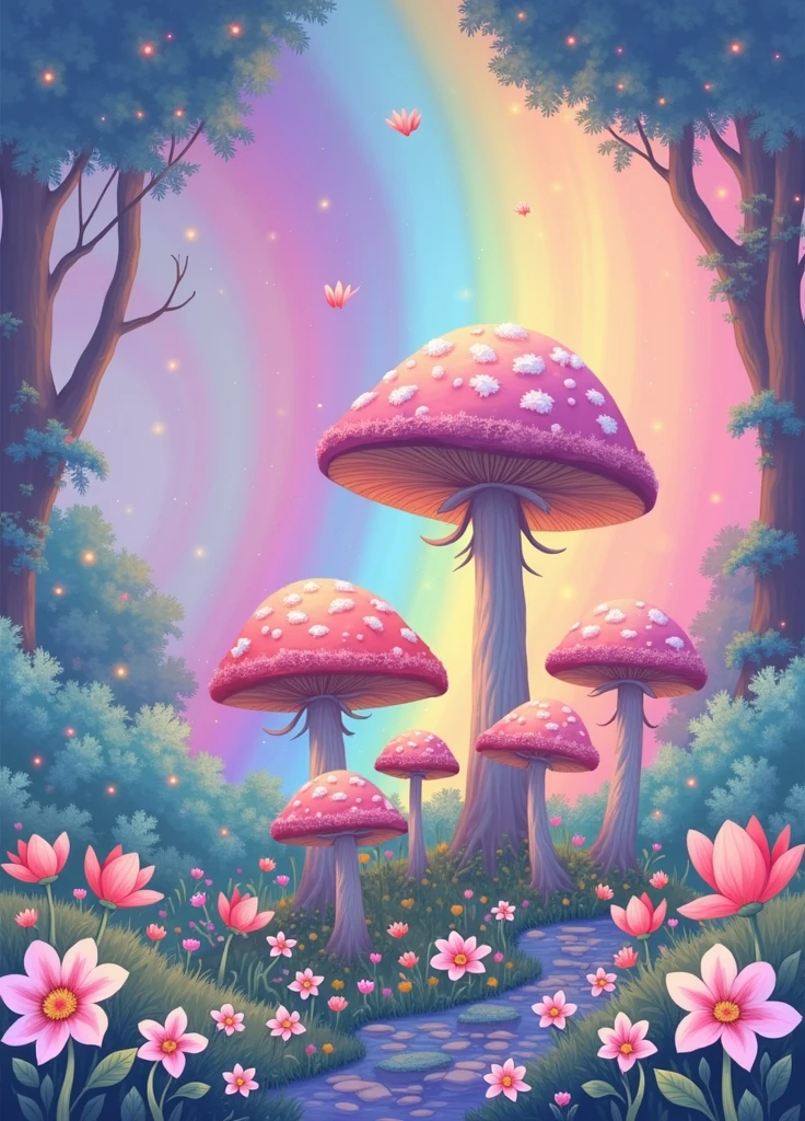 mushroom connected rainbow,flowers meadow,fairy forest background,vintage style