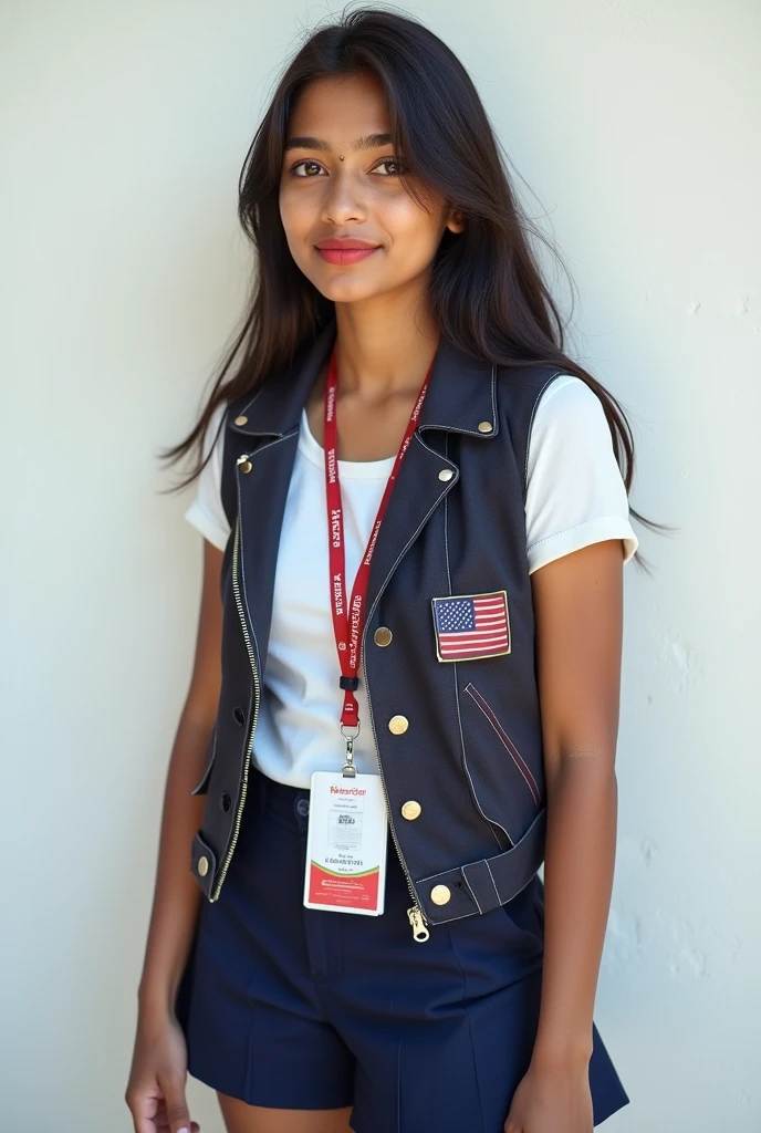 A cute 20 years old indian girl , photoshoot , rough dry face skin , sexy and hot , collage uniform with id card , full body view , white wall background