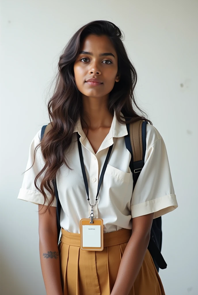 A cute 20 years old indian girl , photoshoot , rough dry face skin , sexy and hot , collage uniform with id card , full body view , white wall background
