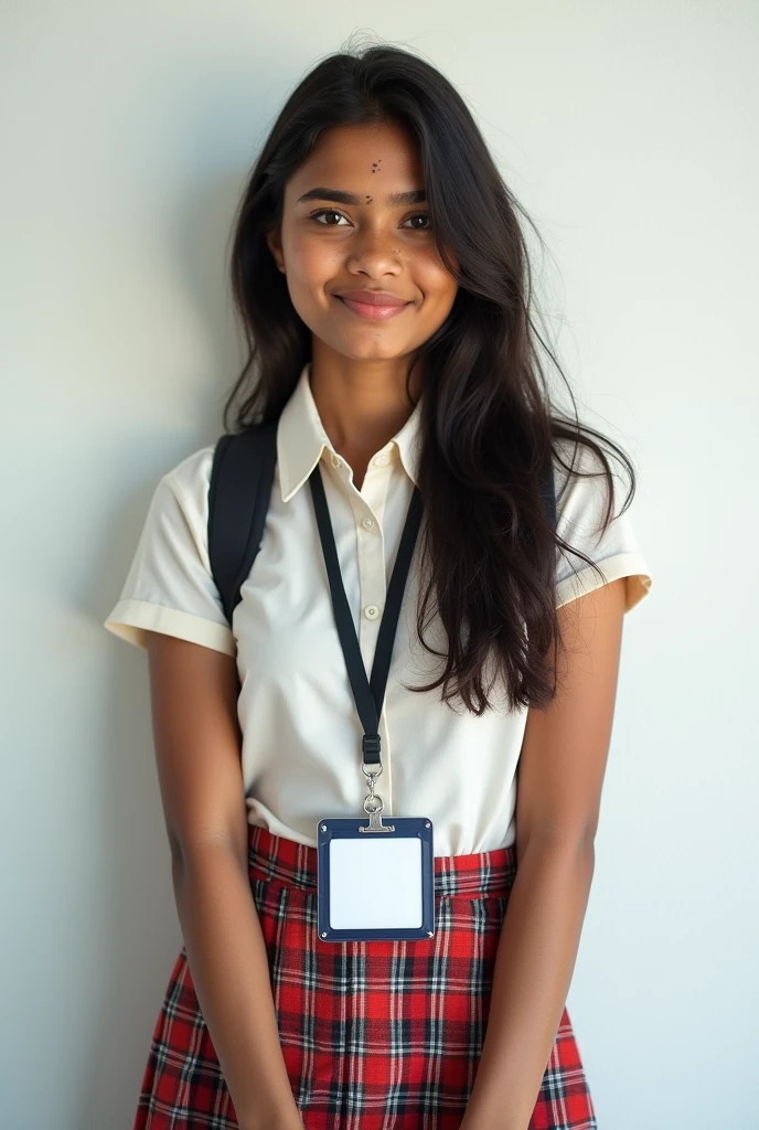 A cute 20 years old indian girl , photoshoot , rough dry face skin , sexy and hot , collage uniform with id card , full body view , white wall background