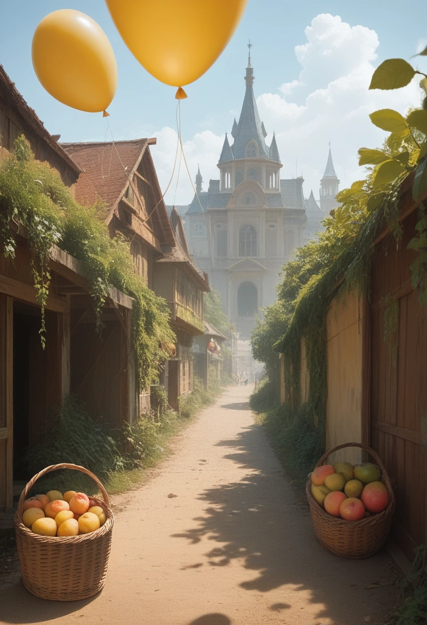 bright illustration, background in a neutral shade, a balloon in the foreground, a brown basket, woven, instead of a mango ball, high detail, realism