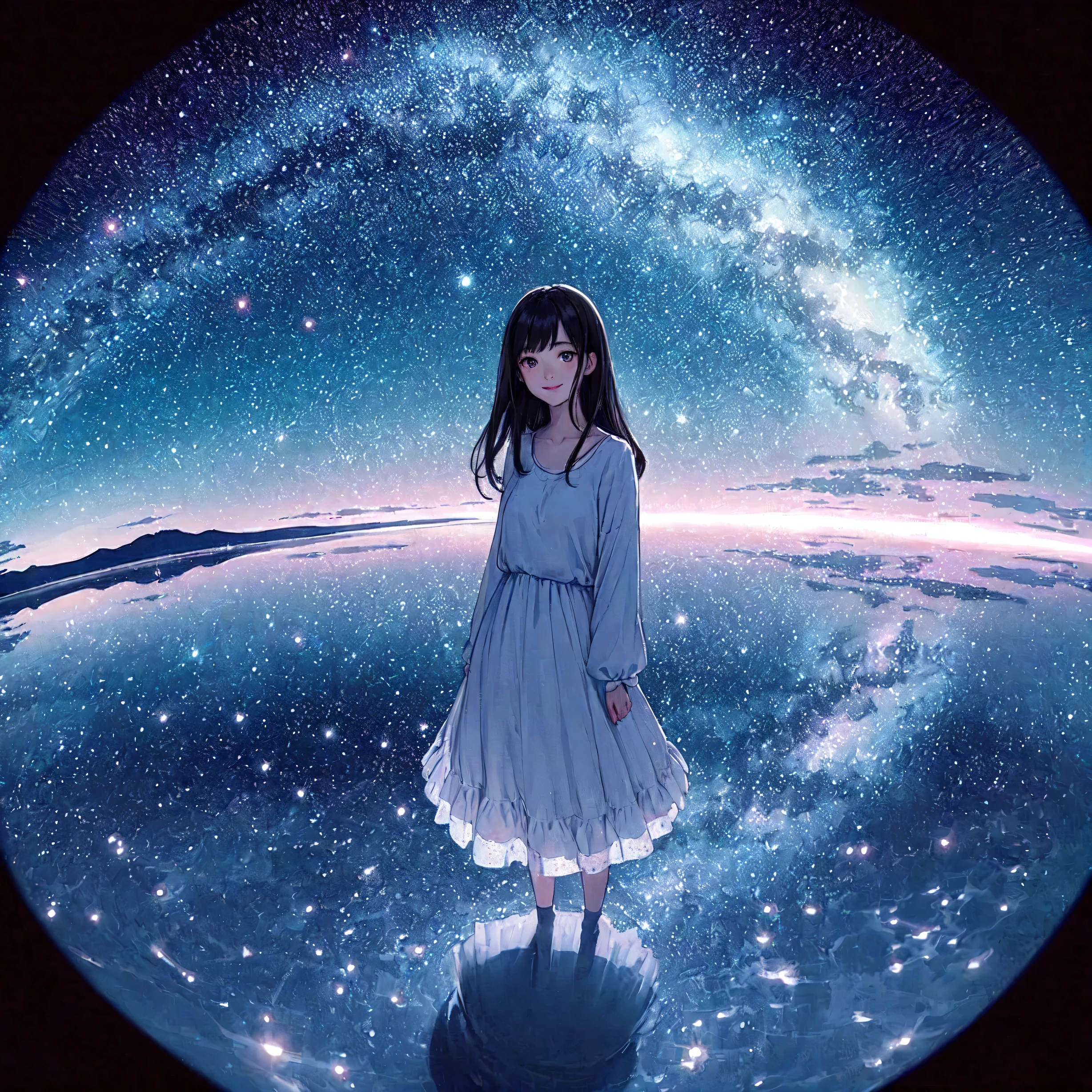 1lady solo, (from above) (looking up), (calm outfit), (mature female:0.8), /(black hair/) bangs, kind smile, (masterpiece best quality:1.2) delicate illustration ultra-detailed BREAK (Uyuni Salt Flat) outdoors, (starry sky) midnight, lake, (water surface reflecting countless stars), soft lighting, (fisheye lens:1.1), detailed background