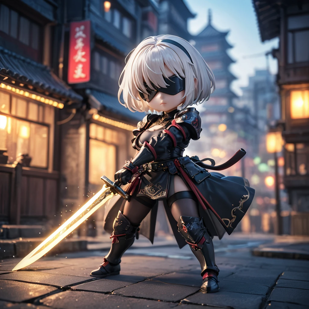 amazing quality, masterpiece, best quality, hyper detailed, ultra detailed, UHD, HDR, DOF, depth of field,
short hair, white hair, solo, wearing ornate armor, gold trim, fighting stance, , closed mouth, holding sword, glowing sword, cyberpunk city, old building,
Chibi Knight,(holding Japanese samurai blade)
type2b, black_blindfold, black_hairband,
action shot,fighting shot.
extremely detailed,