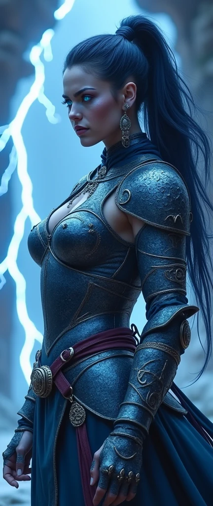 Aletta Ocean, angry evil beautiful and muscular, Nordic female, towering storm Giantess with blue black hair in a ponytail, older and woman, throwing a lightning ball, celtic glowing tattoos, wearing nordic steel runic plate mail Armour , temple cave background with lightning storm, glowing blue eyes, square jaw, powerful and imposing, winter clothing, pale blue purple skin, ((full plate celtic dragon armour)), nordic tattoos, fit bodybuilder, facing the camera , ultra detailed