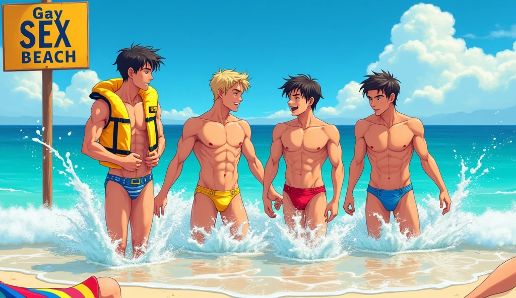 Four male agers are having fun on a beach they are wearing only a short latex thong one teen on the left is wearing a yellow life jacket open showing all his chest and he is tanned there are two of them kissing while the other two are having fun the water is up to their knees and they are on a beautiful beach there is a sign saying Gay Sex Beach the image has to be in anime