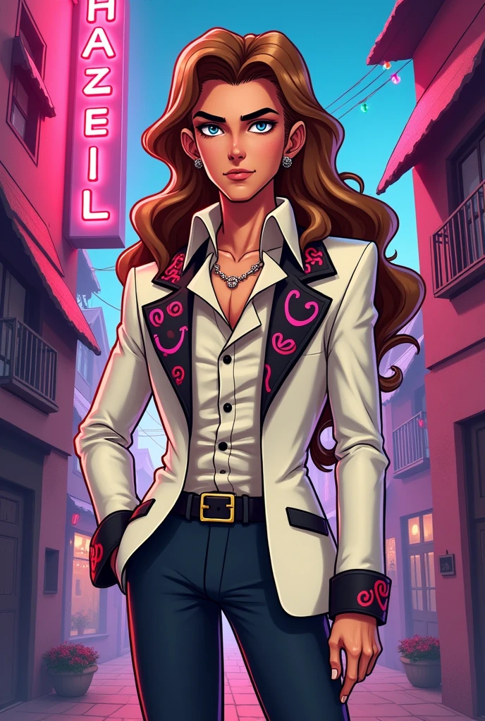 (Hazbin Hotel toon drawing style image) In Hazbin Hotel/Hell, Anthony sport a stylish, flamboyant outfit reminiscent of 80s fashion: a white blazer with vibrant accents, a ruffled shirt, and flashy accessories. HIS hair is long (light brown) and voluminous, reflecting the iconic style of the era.