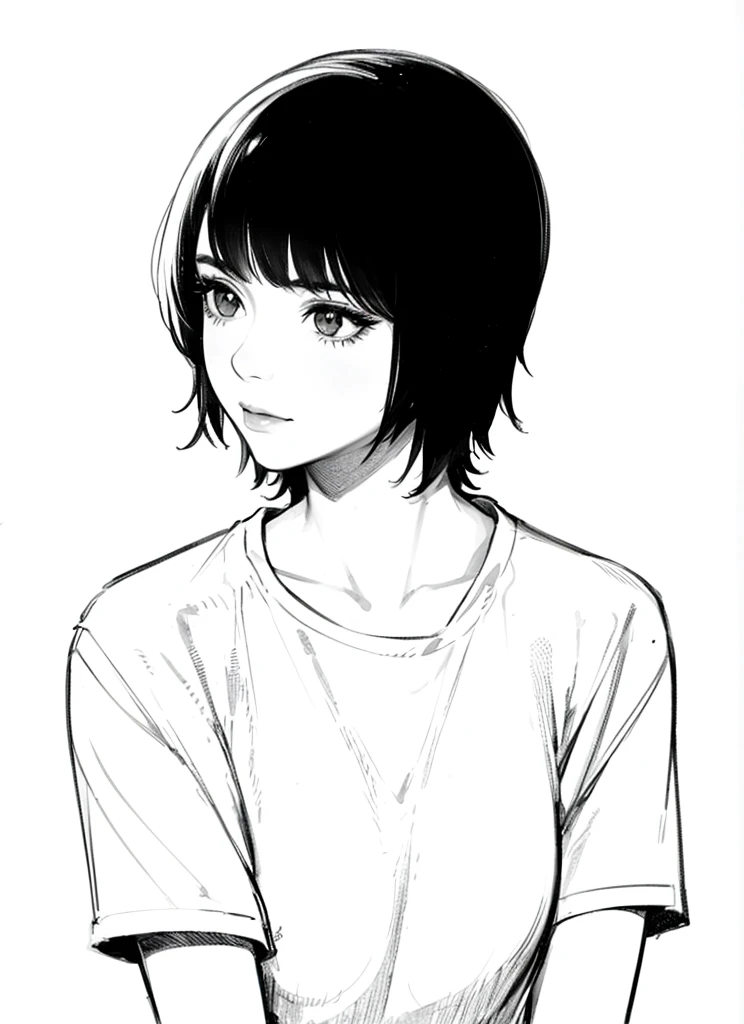 1girl, solo, monochrome, greyscale, short black hair, portrait, T-shirt, closed mouth, looking at viewer, sketch, graphite \(medium\), detailed lips, hatching \(texture\), without makeup, bangs, upper body, (best illustration), (best quality), (very detailed), (masterpiece),