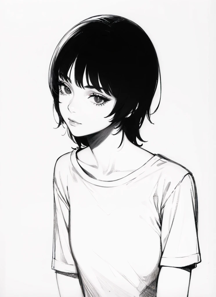 1girl, solo, monochrome, greyscale, short black hair, portrait, T-shirt, closed mouth, looking at viewer, sketch, graphite \(medium\), detailed lips, hatching \(texture\), without makeup, bangs, upper body, (best illustration), (best quality), (very detailed), (masterpiece),