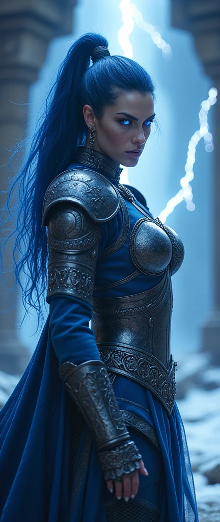 Aletta Ocean, angry evil beautiful and muscular, Nordic female, towering storm Giantess with blue black hair in a ponytail, older and mature woman, throwing a lightning ball, celtic glowing tattoos, wearing nordic steel runic plate mail Armour , temple cave background with lightning storm, glowing blue eyes, square jaw, powerful and imposing, winter clothing, pale blue purple skin, ((full plate celtic dragon armour)), nordic tattoos, fit bodybuilder, facing the camera , ultra detailed