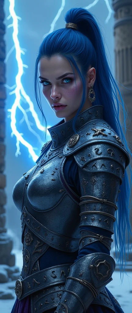 Aletta Ocean, angry evil beautiful and muscular, Nordic female, towering storm Giantess with blue black hair in a ponytail, older and mature woman, throwing a lightning ball, celtic glowing tattoos, wearing nordic steel runic plate mail Armour , temple cave background with lightning storm, glowing blue eyes, square jaw, powerful and imposing, winter clothing, pale blue purple skin, ((full plate celtic dragon armour)), nordic tattoos, fit bodybuilder, facing the camera , ultra detailed