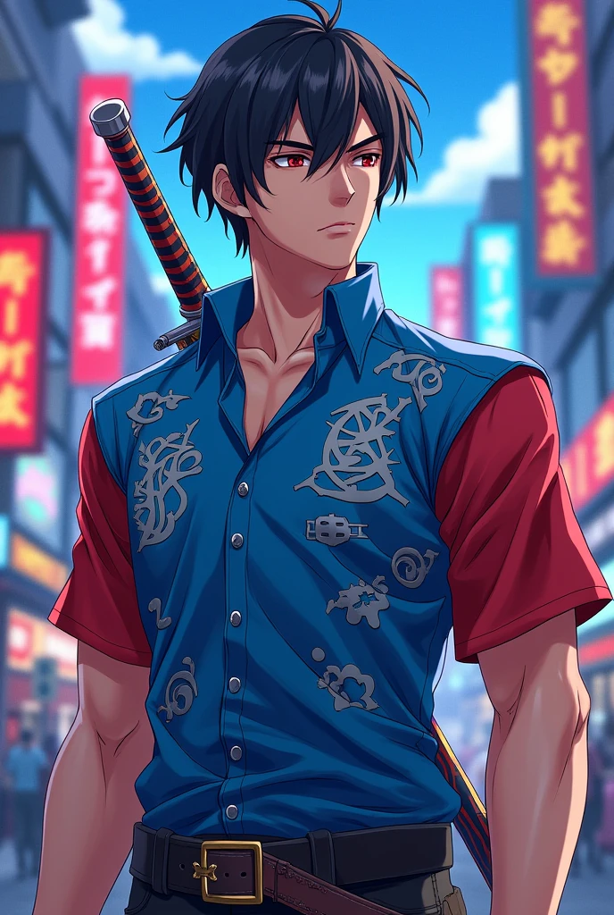 Create a male character, off , with marro decal, shirt blue, with red sleeves, with a sword in the back , in anime