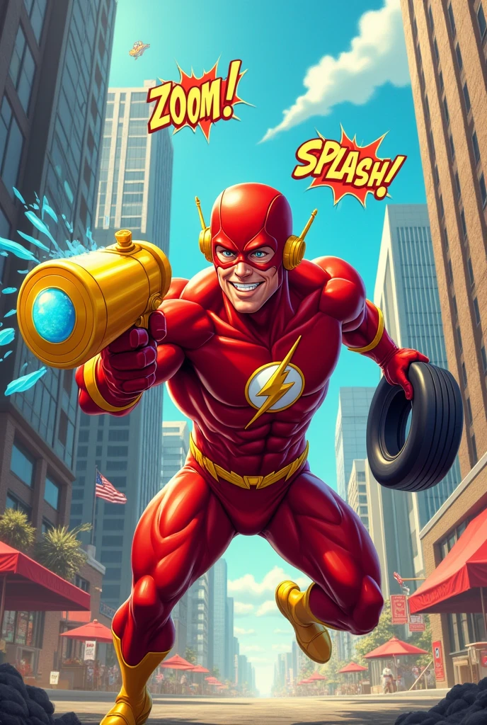 Flash with squirt in one hand and tire in the other
