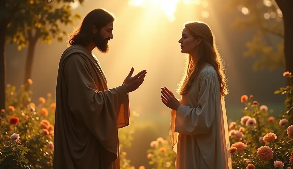 "Create a realistic scene of Mary Magdalene meeting the resurrected Jesus, as described in the Bible. The image must depict Mary standing, at a certain distance from Jesus, that is in a serene and enlightened position. Mary must be dressed in period clothing, with an expression of surprise and joy on his face. The setting is a garden at dawn, with flowers and soft light, symbolizing new life. Jesus must be depicted with a compassionate appearance, looking at Mary with love and understanding. The atmosphere must be one of hope and renewal, capturing the sacred moment of this encounter."