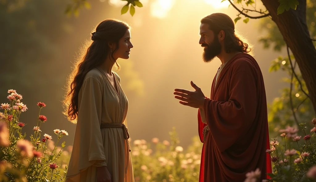 "Create a realistic scene of Mary Magdalene meeting the resurrected Jesus, as described in the Bible. The image must depict Mary standing, at a certain distance from Jesus, that is in a serene and enlightened position. Mary must be dressed in period clothing, with an expression of surprise and joy on his face. The setting is a garden at dawn, with flowers and soft light, symbolizing new life. Jesus must be depicted with a compassionate appearance, looking at Mary with love and understanding. The atmosphere must be one of hope and renewal, capturing the sacred moment of this encounter."